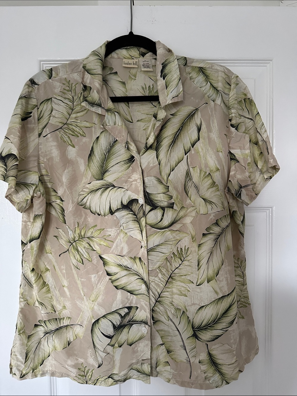 Linden Hill 100% silk Beige Tropical Leaf Short-Sleeve Blouse